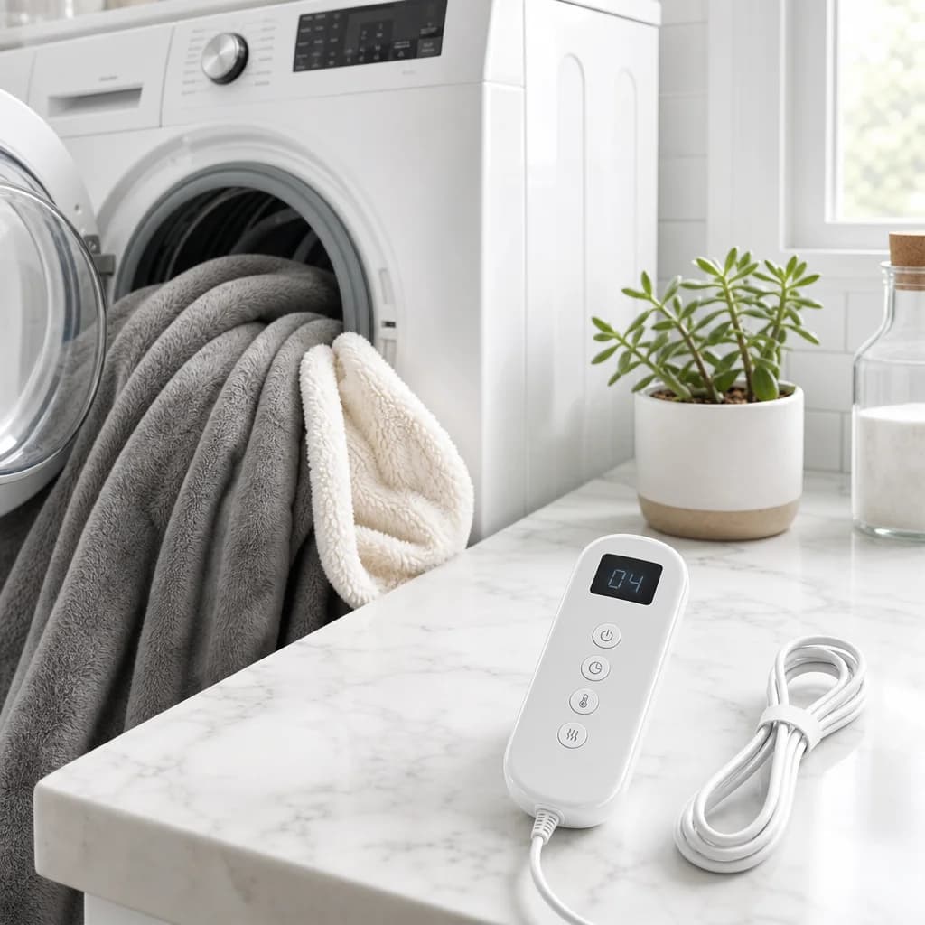 The blanket going into a washing machine with the controller detached